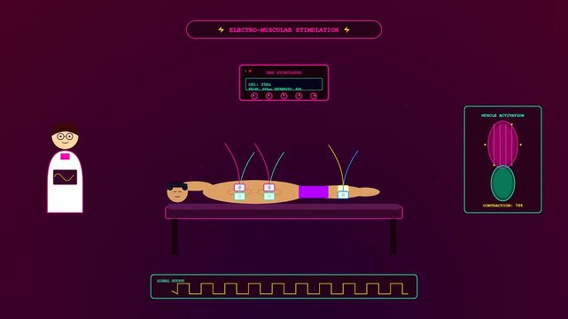 A futuristic sports medical consultation scene featuring an athlete undergoing electro muscular stimulation therapy to enhance muscle recovery within a neon stylized clinical environment