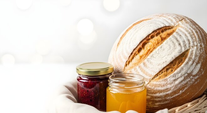 Delicious breakfast or snack setup with freshly baked artisan bread and homemade jam in glass jars