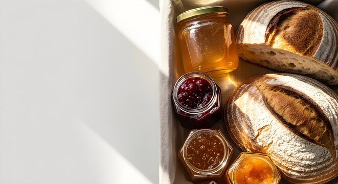 Artisanal breads and assorted spreads in a rustic wooden box perfect for a cozy breakfast or snack