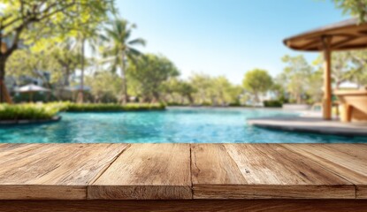 Fototapeta premium A serene tropical resort scene featuring a turquoise pool, lush greenery, and a wooden deck, creating a relaxing and inviting atmosphere.