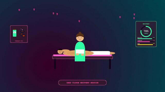 A futuristic sports medical consultation depicted in a flat 2D animation showcasing an athlete undergoing deep tissue recovery with digital health monitoring interfaces and neon lighting