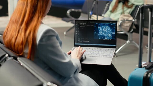 Digital nomad woman coding with AI system in airport terminal, developing software powered by machine learning and neural networks while waiting for flight departure. Flexibility to work anywhere.