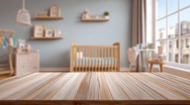 A bright and cozy nursery room features a wooden cot and shelves filled with toys, creating a warm and inviting space for a child.