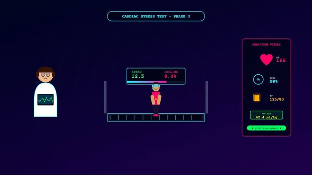 Within a neon cybernetic environment a sports medical consultation unfolds as digital biometric monitors track heart rate and oxygen levels during intense treadmill exertion