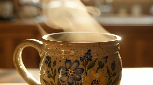Steaming hot coffee in a rustic floral ceramic mug, cozy morning kitchen atmosphere with backlit sunlight