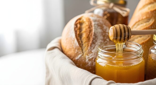 Delicious breakfast setting with honey jar and crusty bread in a wicker basket on a table