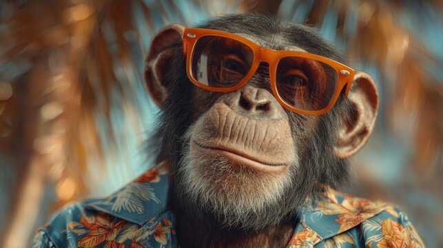 A thoughtful chimpanzee wearing vibrant orange sunglasses and a tropical floral shirt poses with a relaxed expression against a sunny blurred background