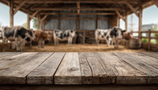 A rustic wooden table overlooks a barn filled with cows, creating a pastoral scene.
