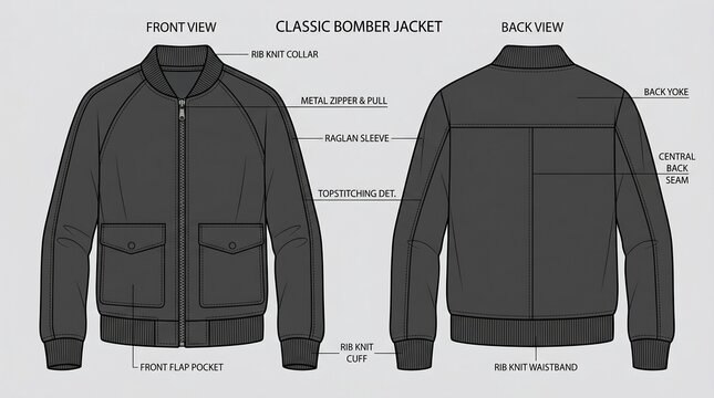 A classic bomber jacket with intricate details. Featuring raglan sleeves, a knit collar, a waist, and metal zipper details. Perfect for fashion design development and manufacturing specifications.