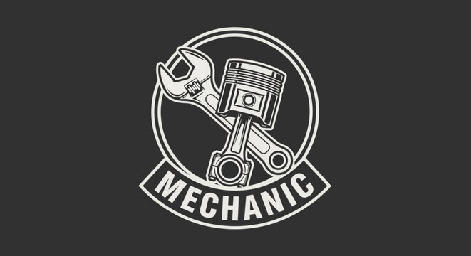 Mechanic Emblem: Piston and Wrench Icon with "Mechanic" Text on Dark Background