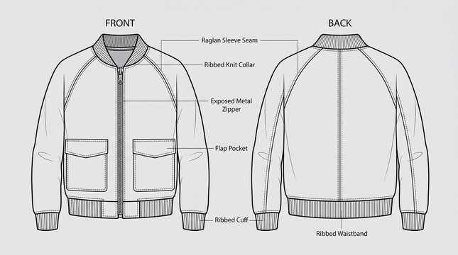 A classic bomber jacket with intricate details. Featuring raglan sleeves, a knit collar, a waist, and metal zipper details. Perfect for fashion design development and manufacturing specifications