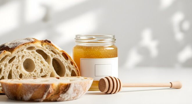 Delicious homemade bread with honey jar and dipper on table perfect for breakfast or snack time with natural light.