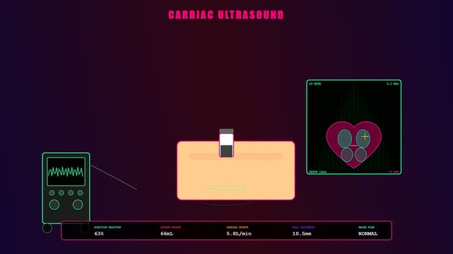 An advanced sports medical consultation dashboard utilizing stylized neon graphics to visualize cardiac ultrasound diagnostics during a precision health assessment of an elite athlete