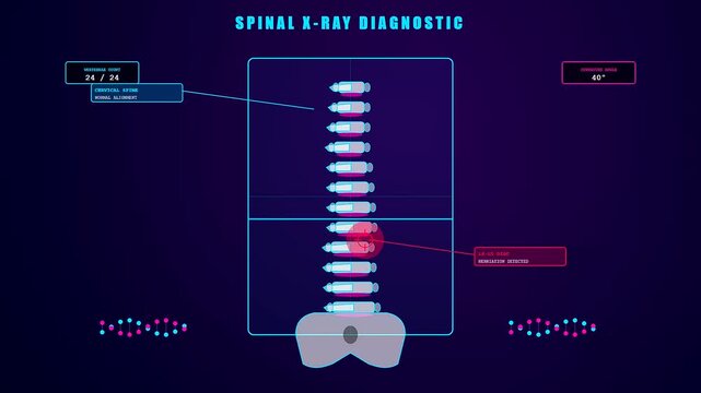 A futuristic interface for a sports medical consultation displaying a digital spinal xray scan with highlighted herniation for precision orthopedics in a modern clinic