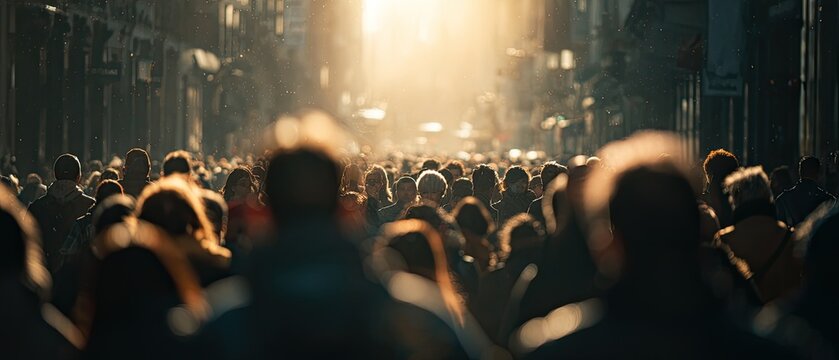 A sun-drenched urban scene depicts a dense crowd of people moving through a bustling city street, creating a sense of anonymity and collective energy.