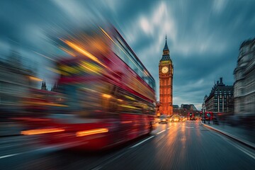 Naklejka premium A dynamic long exposure captures a vibrant red double-decker bus speeding past the iconic Big Ben in London, creating a sense of motion and urban energy.