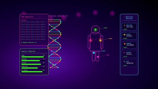 An advanced Sports Medical Consultation interface featuring holographic genetic data and biometric analysis for elite athletes within a futuristic neon digital health environment