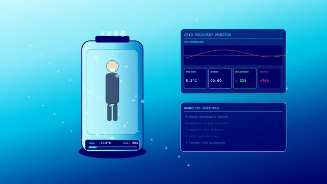 Utilizing a high tech Sports Medical Consultation interface to track biological recovery metrics of an athlete undergoing a cryotherapy session in a futuristic chamber