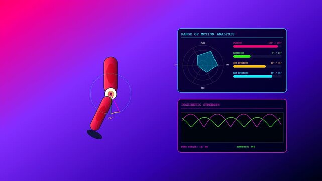 An innovative sports medical consultation visualization showing a futuristic digital knee joint analysis with dynamic biomechanical data charts and range of motion motion graphs