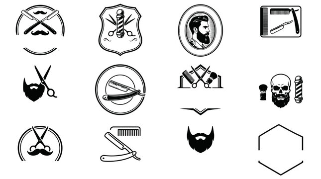 A comprehensive vector collection of classic barbershop logos and emblems, perfect for men's grooming services, featuring vintage razors, scissors, and stylized beards for professional branding