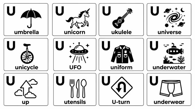 A comprehensive illustrated vector set showcasing diverse vocabulary and concepts starting with the letter U, ideal for early childhood education, alphabet learning, and phonics instruction