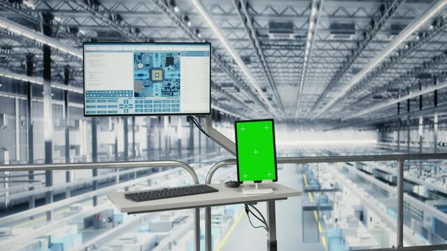 Green screen tablet, monitoring microchips yield data and empty manufacturing plant fabrication supply chain. Visualizing production line bottlenecks, mockup device app and semiconductors factory