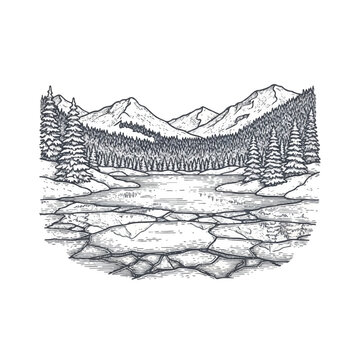 Snow covered mountain range landscape scenery.