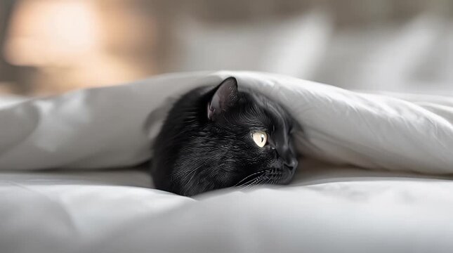 Cozy black cat peeks out from under a fluffy white duvet in a warm and inviting bedroom setting conveying comfort relaxation and domestic bliss