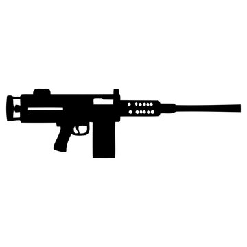 Detailed black silhouette vector illustration of a modern military assault rifle weapon design showing professional tactical hardware isolated on a plain white background