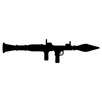 A stark vector graphic illustration depicting the menacing silhouette of a shoulder-fired rocket-propelled grenade launcher, showcasing its distinct weapon design concept.