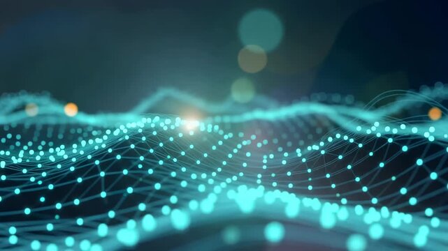 This captures a mesmerizing display of interconnected blue dots and lines that form a complex network in a dark environment, symbolizing the dynamic and vibrant nature of digital technology and its