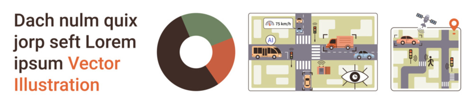 Data analysis, traffic safety, urban planning, navigation, transportation logistics, monitoring systems. Pie chart and city map vehicles, roads and route mapping. Data analysis and traffic safety