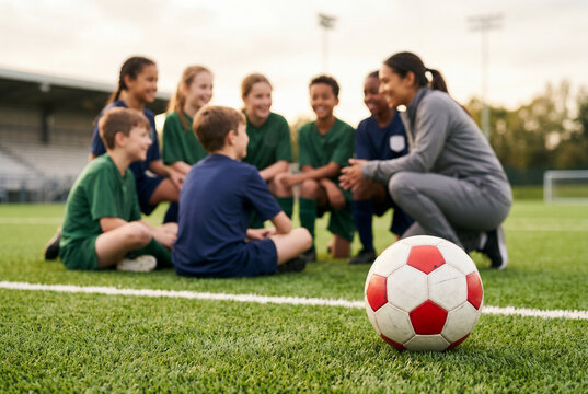 Red and white soccer ball on grass with children team behind
