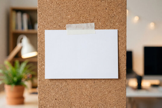 Blank white paper card taped to a corkboard in an office