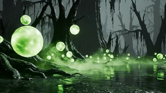 Eerie swamp with floating glowing green orbs and mystical fog, dark forest fantasy atmosphere