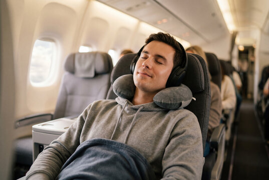 Young man sleeping with a neck pillow and headphones on a passenger airplane
