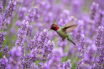 Obraz premium Small hummingbird with red head feathers flying near blooming purple lavender flowers