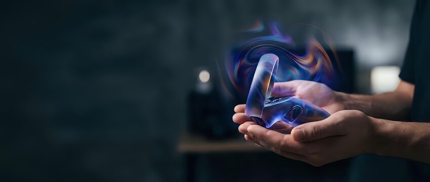 Businessman holding glowing holographic email envelope symbol in cupped hands representing digital communication and modern technology solutions.
