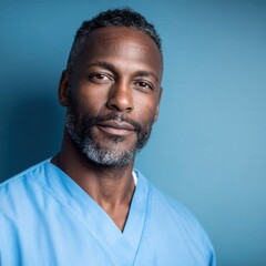 Fototapeta premium Confident middle-aged healthcare professional wearing light blue scrub suit standing against a solid blue background with a calm and reassuring expression