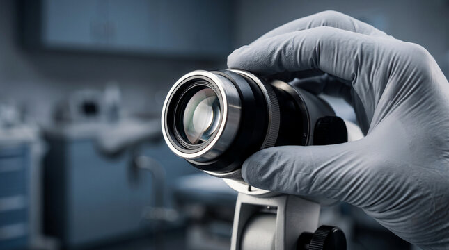 Medical Colposcope Objective Lens and Hand in Glove Close Up for Clinic Stock