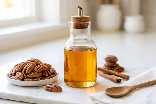 Maple syrup dispenser with pecans, cinnamon sticks, and wooden spoon