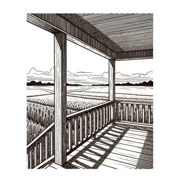 Wooden Porch with Rural Field View.