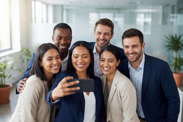 Obraz premium Happy diverse business team taking a selfie together in a modern office