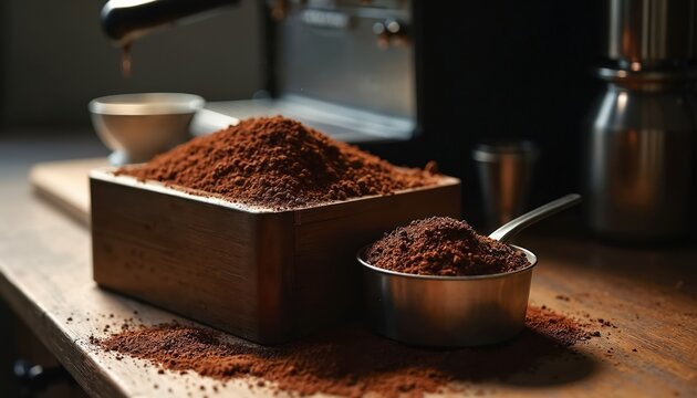 Coffee grounds sit in wooden box and metal scoop. Espresso machine prepares hot drink, producing brown powder residue. Used waste for plants.