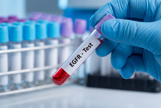 Doctor holds a blood sample tube for an EGFR test to analyze genetic mutations in a lab
