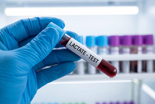 Technician holding a blood sample for a lactate test in a hospital laboratory setting