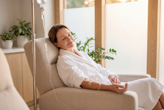 Relaxed woman in white robe receiving IV vitamin therapy in bright wellness clinic