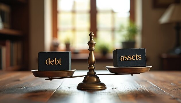 Balance scale weighs debt against assets conceptually. Represents financial decisions, budgeting, and monetary assessment in life. Fair comparison of economic factors.