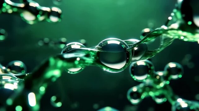 This features a captivating close-up of green water droplets, showcasing their mesmerizing shapes, reflections, and movements in a serene environment. The clear and transparent droplets glisten with a