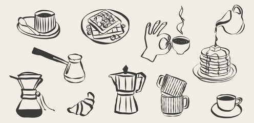Plakat Charming breakfast illustration set with croissants, espresso cups and pastries. Line art doodles perfect for cafe menus, bakery posters or restaurant branding with retro charm
